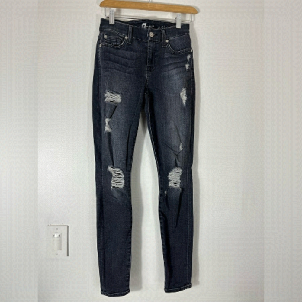 7 for all Mankind The Skinny Distressed Jeans Womens Waist Size 23 Dark Denim